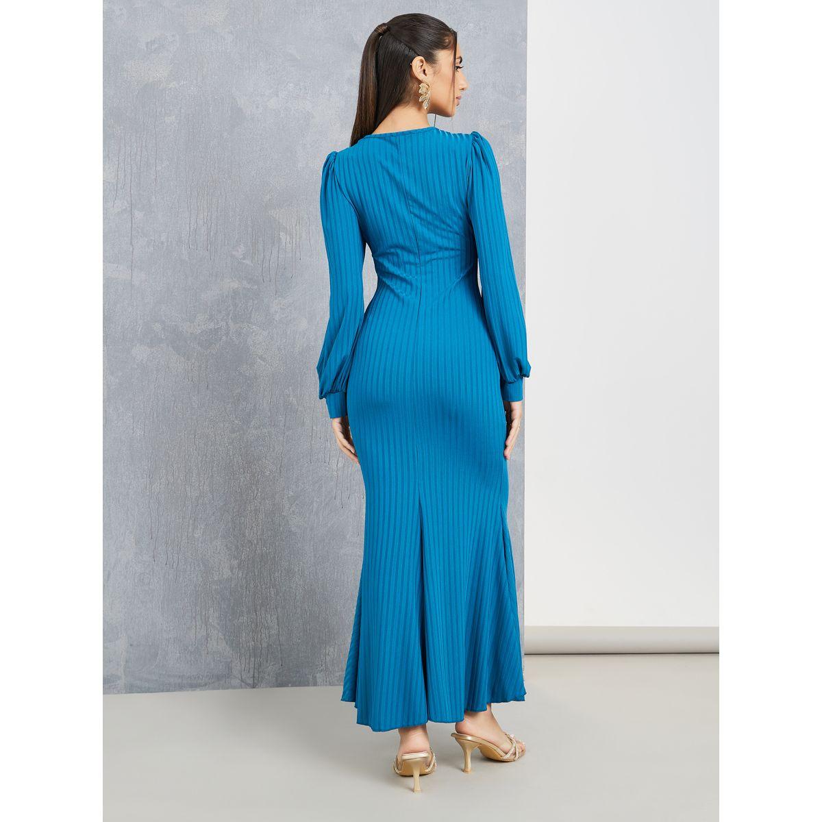 Styli Textured Knit Frill Hem Maxi Dress with Volume Sleeve-women-clothing-dresses-image-5