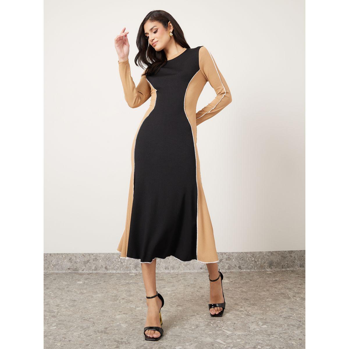 Styli Ribbed Overlock Seam A-Line Midi Dress-women-clothing-dresses-image-1