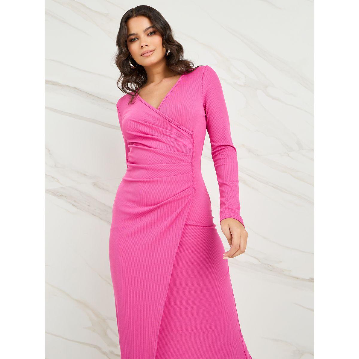 Styli Gathered Bodycon Midi Dress with Slit Hem-women-clothing-dresses-image-2