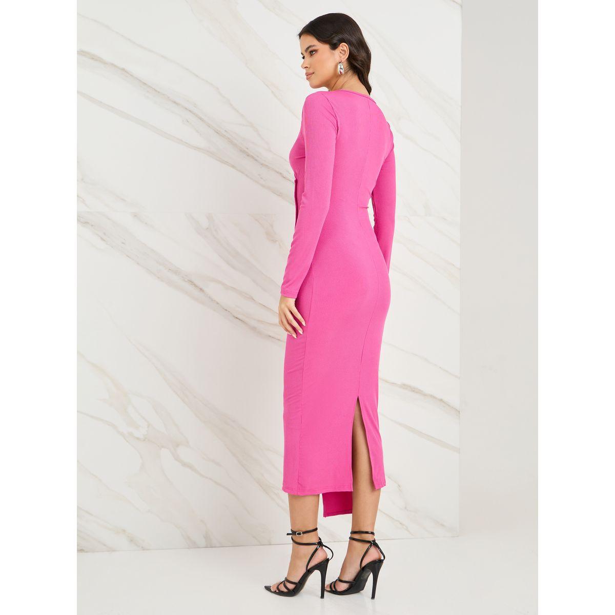 Styli Gathered Bodycon Midi Dress with Slit Hem-women-clothing-dresses-image-5
