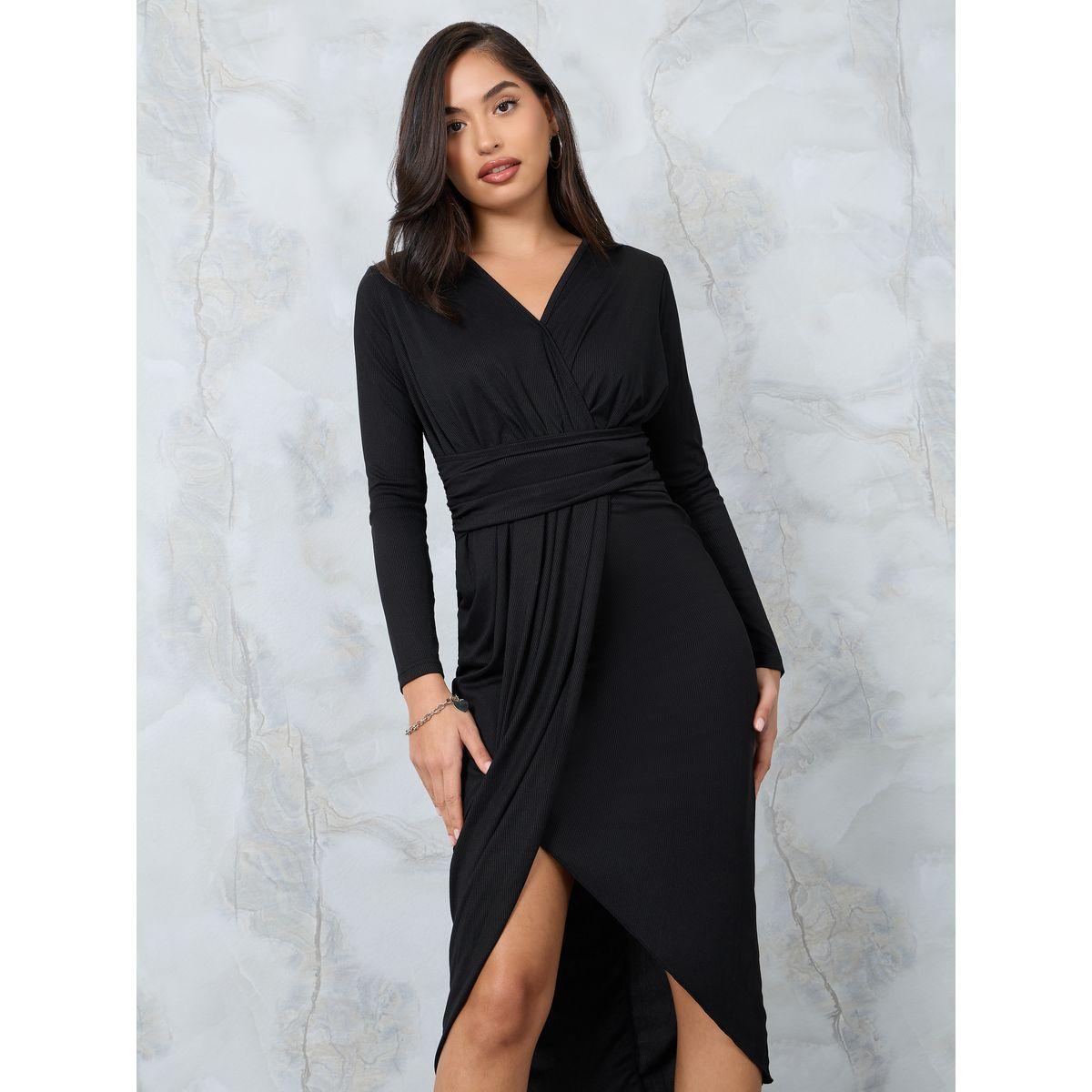 Styli Gathered Waist Ribbed Wrap Front Midi Dress-women-clothing-dresses-image-1