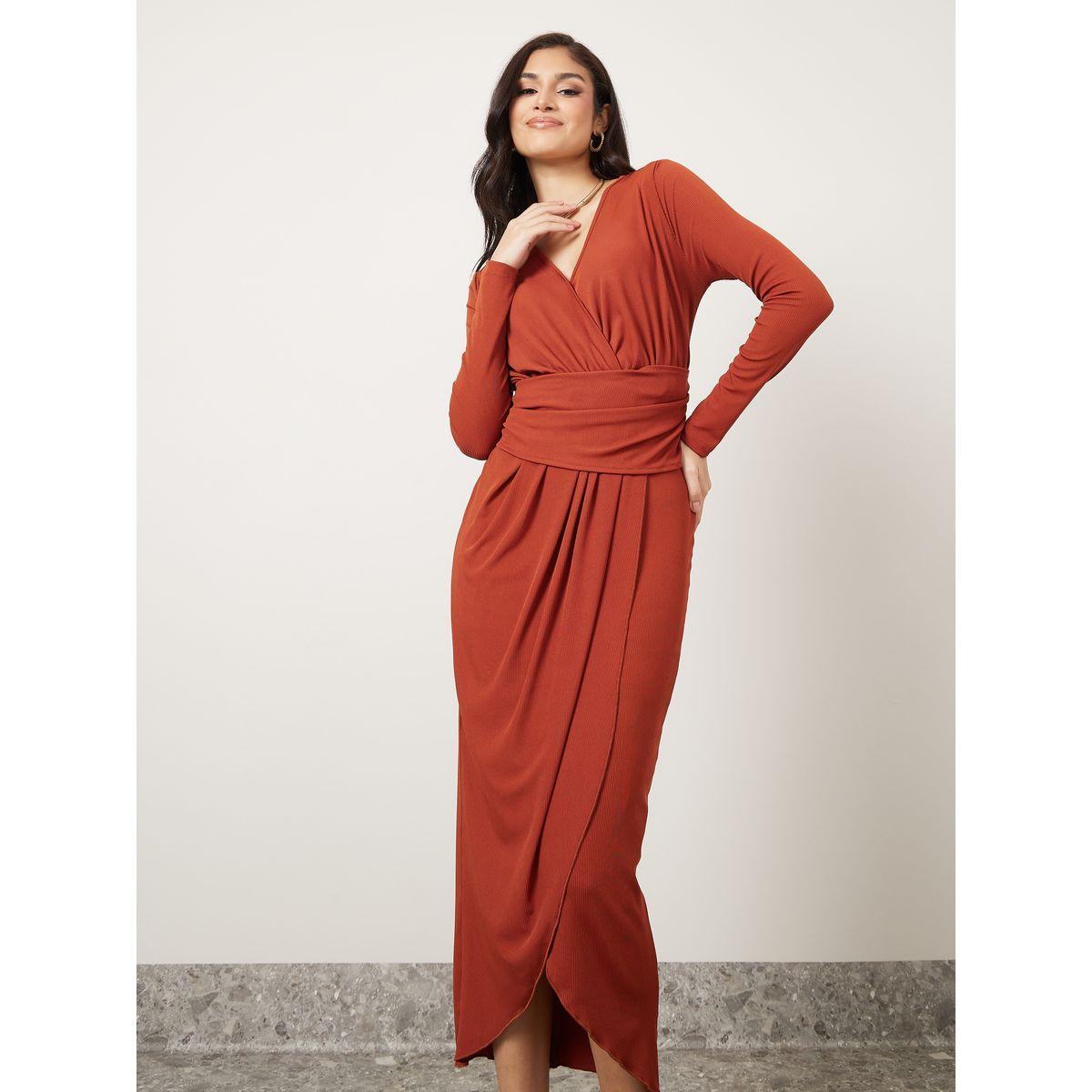 Styli Gathered Waist Ribbed Wrap Front Midi Dress-women-clothing-dresses-image-2