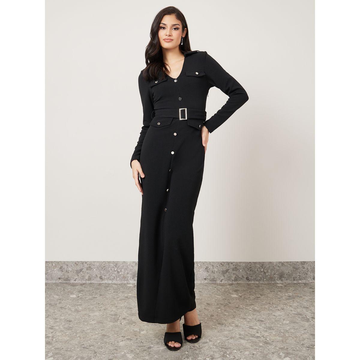 Styli V Neck Belt Detail Shirt Maxi Dress-women-clothing-dresses-image-1