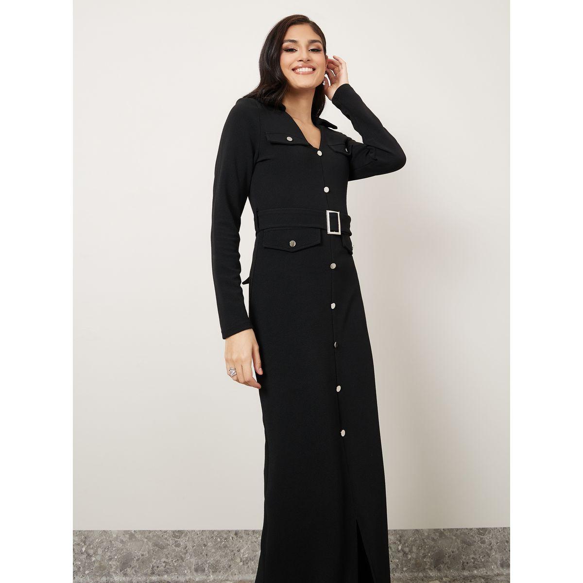 Styli V Neck Belt Detail Shirt Maxi Dress-women-clothing-dresses-image-2