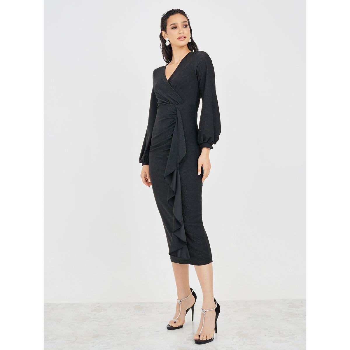 Styli Glittered Wrap Front Midi Dress with Ruffle Detail-women-clothing-dresses-image-1