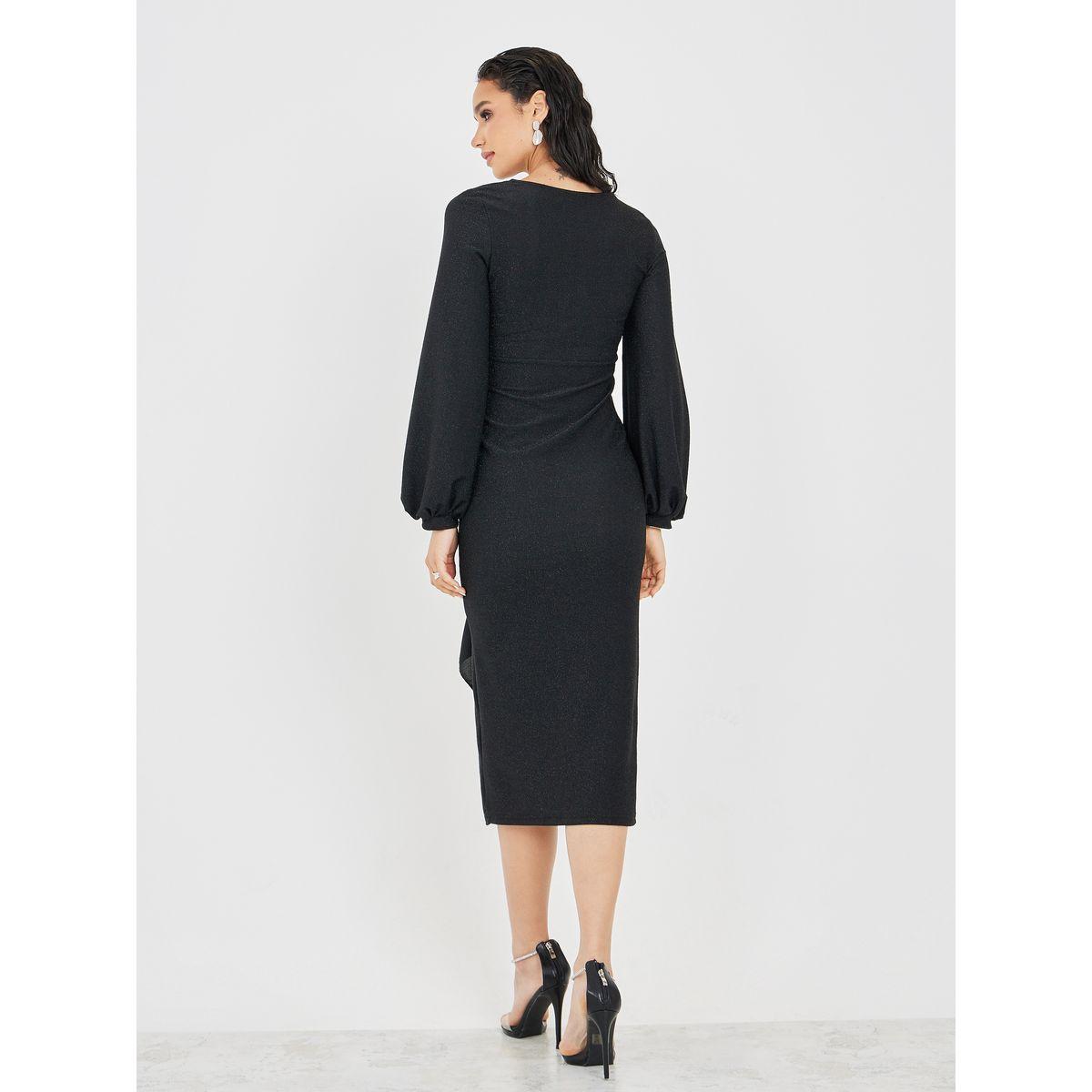 Styli Glittered Wrap Front Midi Dress with Ruffle Detail-women-clothing-dresses-image-4