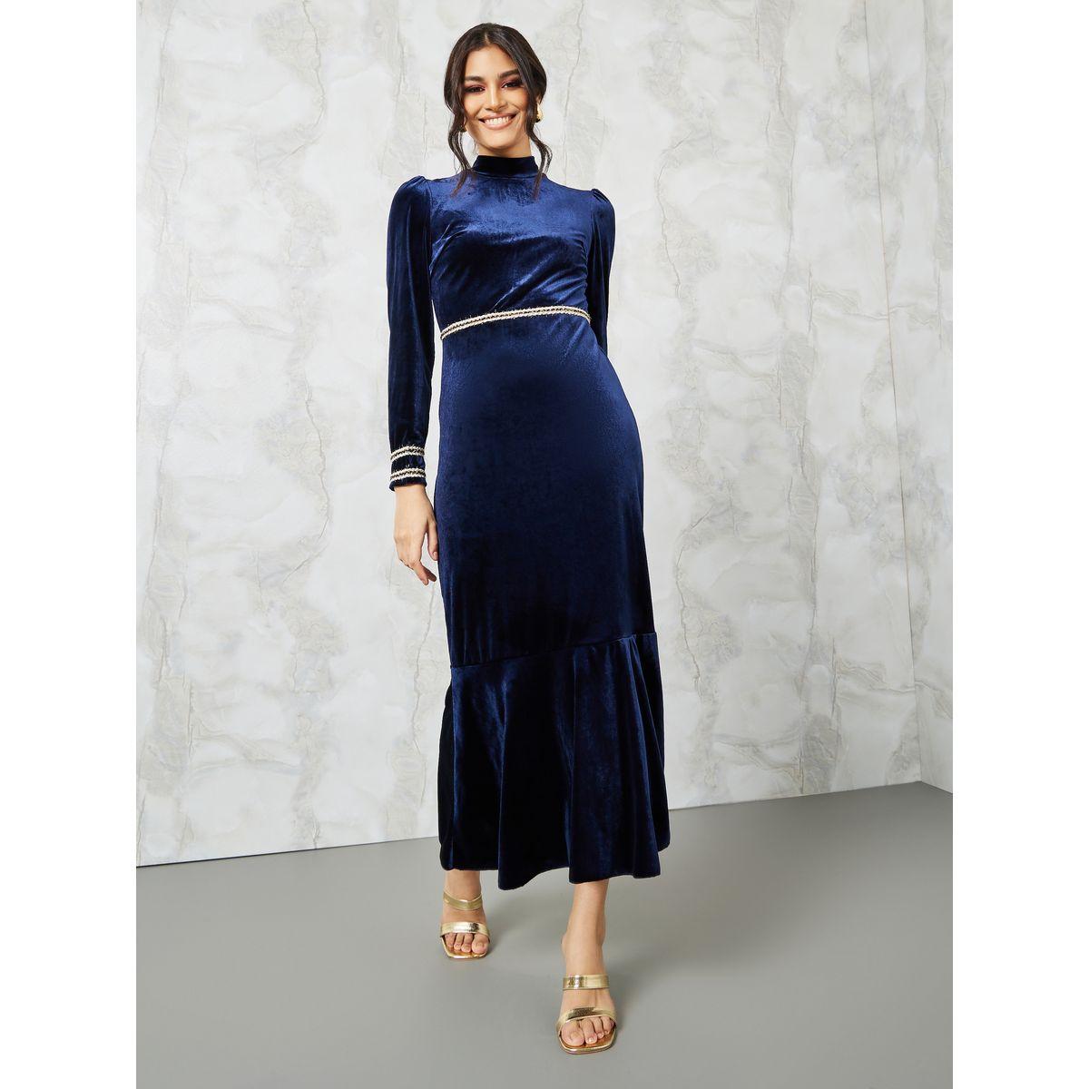 فستان ميدي مخمل بياقة عالية-women-clothing-dresses-image-1