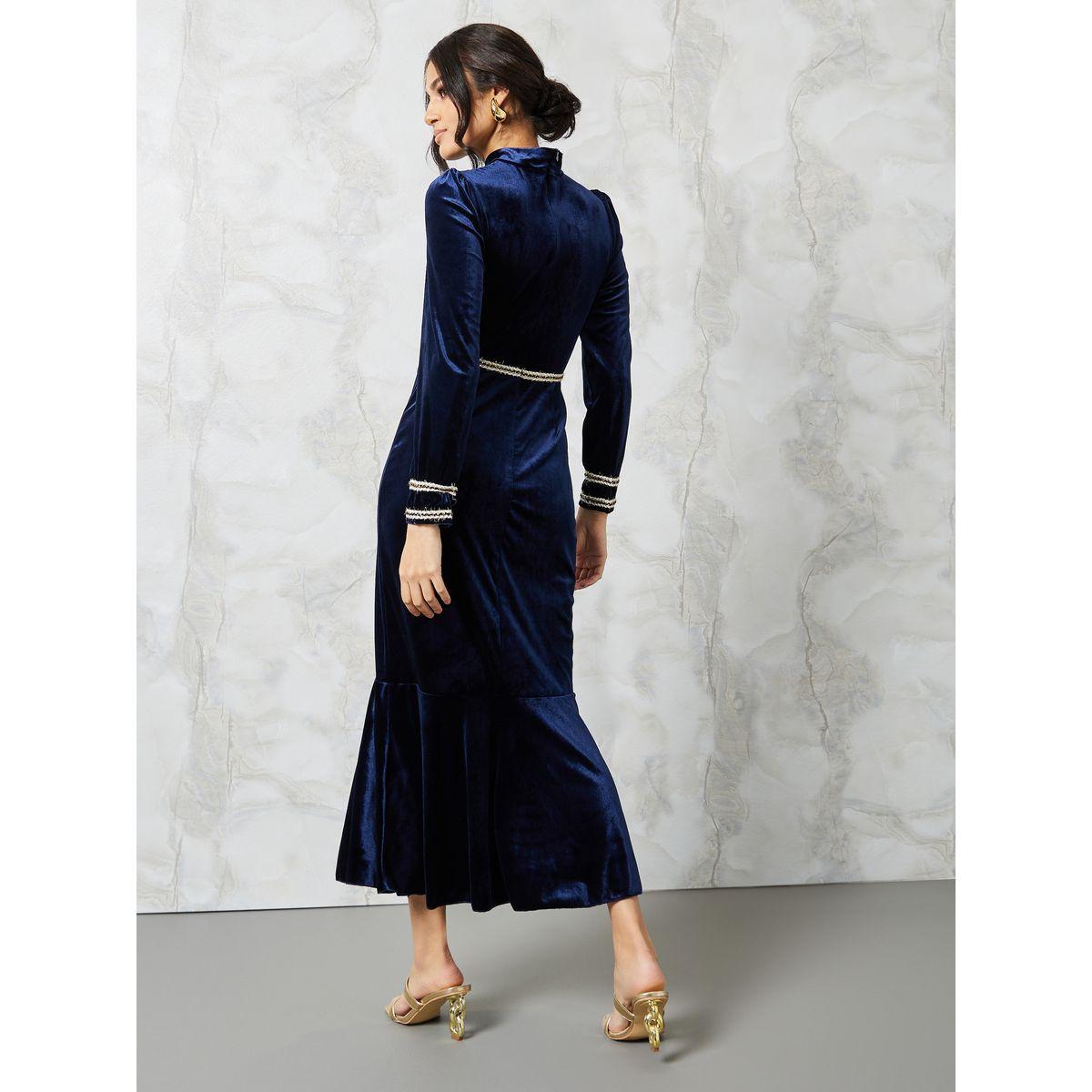 Styli High Neck Velvet A-Line Midi Dress with Waist Detail-women-clothing-dresses-image-4