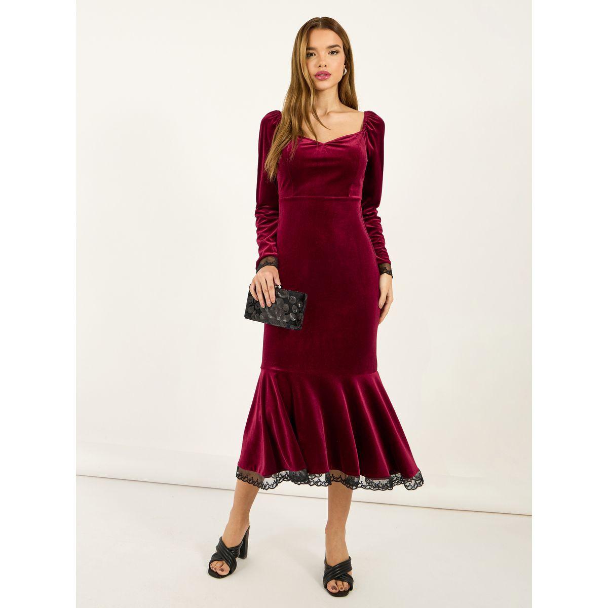 فستان ميدي بمظهر مخمل وتفاصيل دانتيل-women-clothing-dresses-image-1