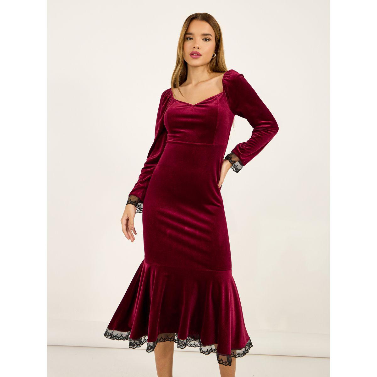 فستان ميدي بمظهر مخمل وتفاصيل دانتيل-women-clothing-dresses-image-2