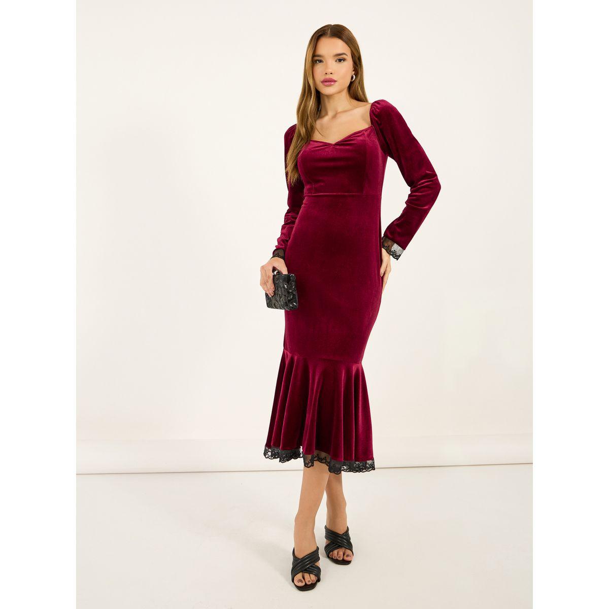 فستان ميدي بمظهر مخمل وتفاصيل دانتيل-women-clothing-dresses-image-3