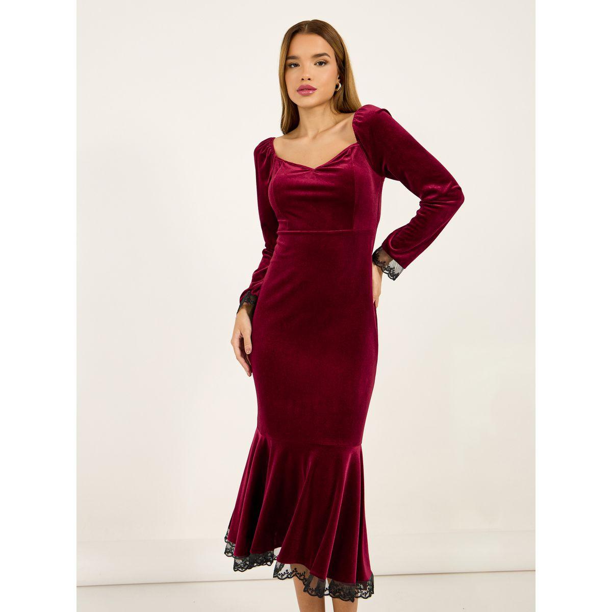 فستان ميدي بمظهر مخمل وتفاصيل دانتيل-women-clothing-dresses-image-5