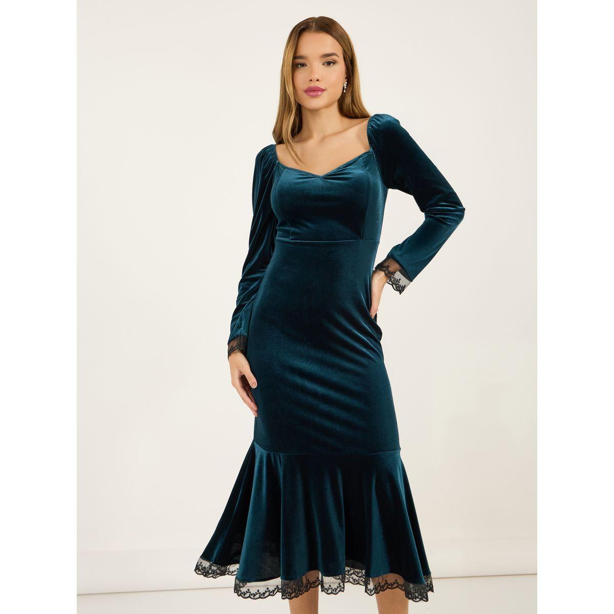 فستان ميدي بمظهر مخمل وتفاصيل دانتيل-women-clothing-dresses-image-2