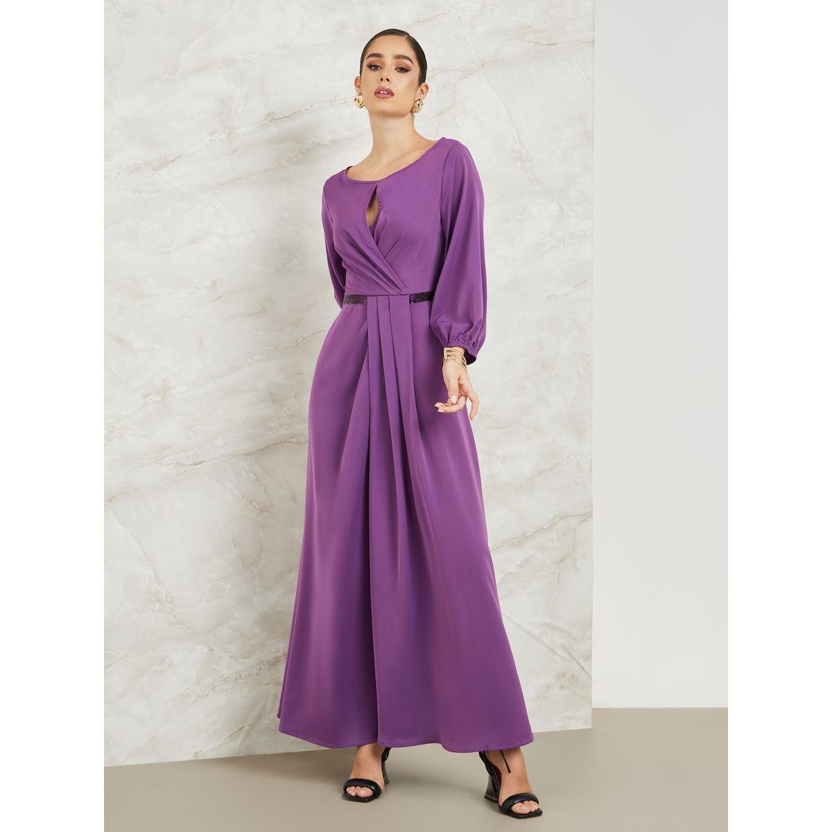 Styli Keyhole Neck Embellished Waist A-Line Maxi Dress-women-clothing-dresses-image-1