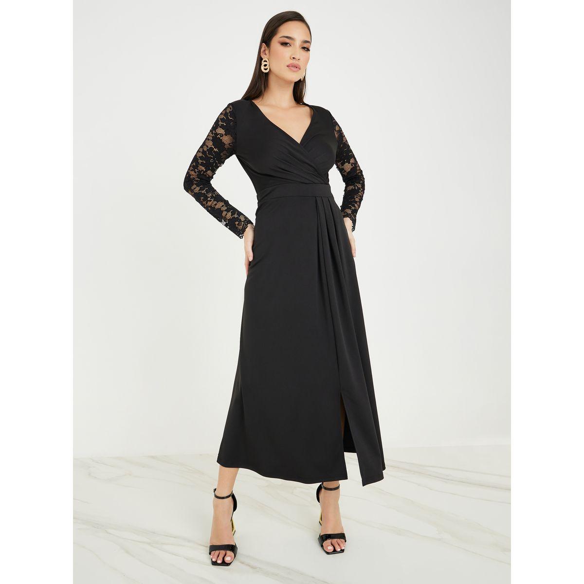 Styli Lace Insert A-Line Maxi Dress with Front Split-women-clothing-dresses-image-1