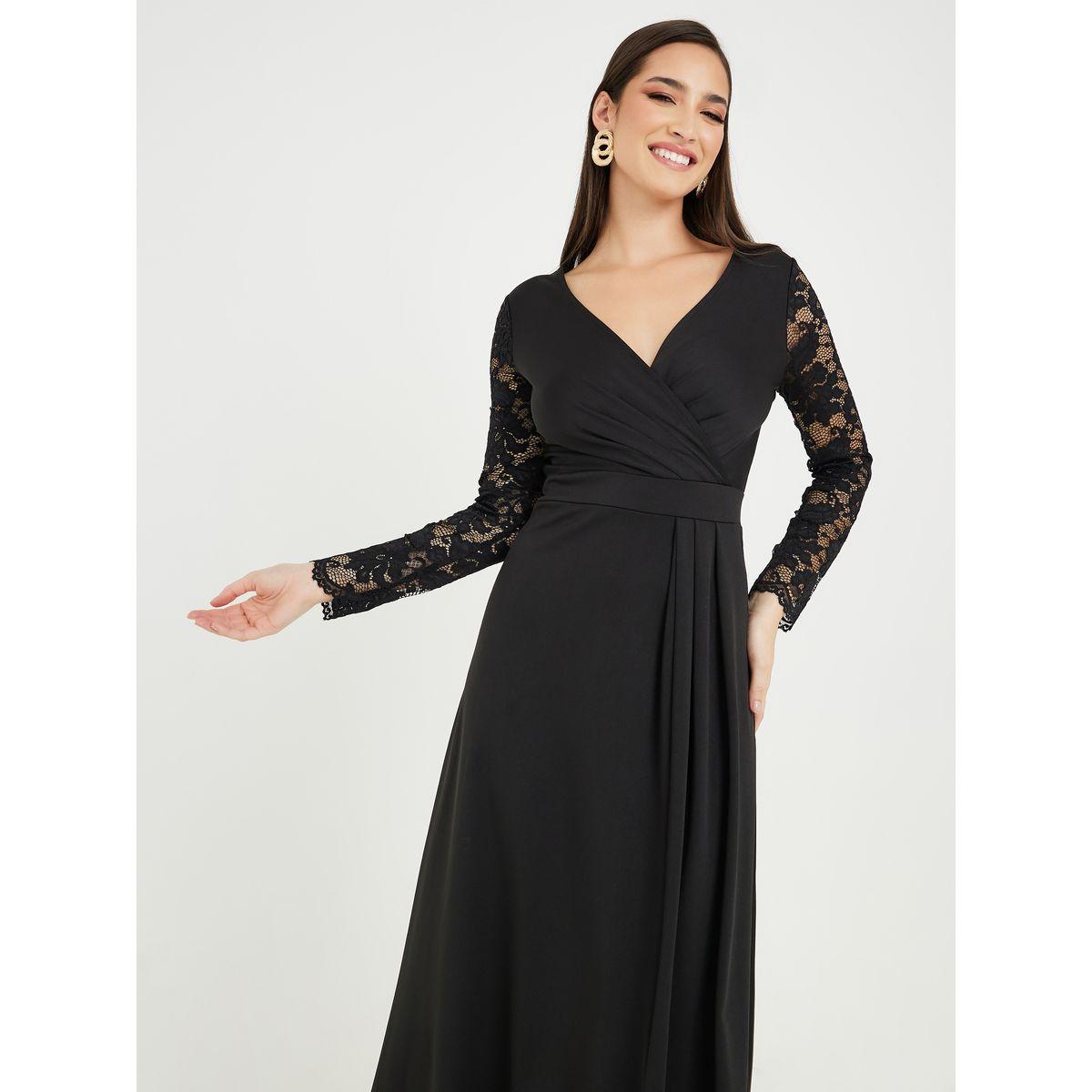 Styli Lace Insert A-Line Maxi Dress with Front Split-women-clothing-dresses-image-2