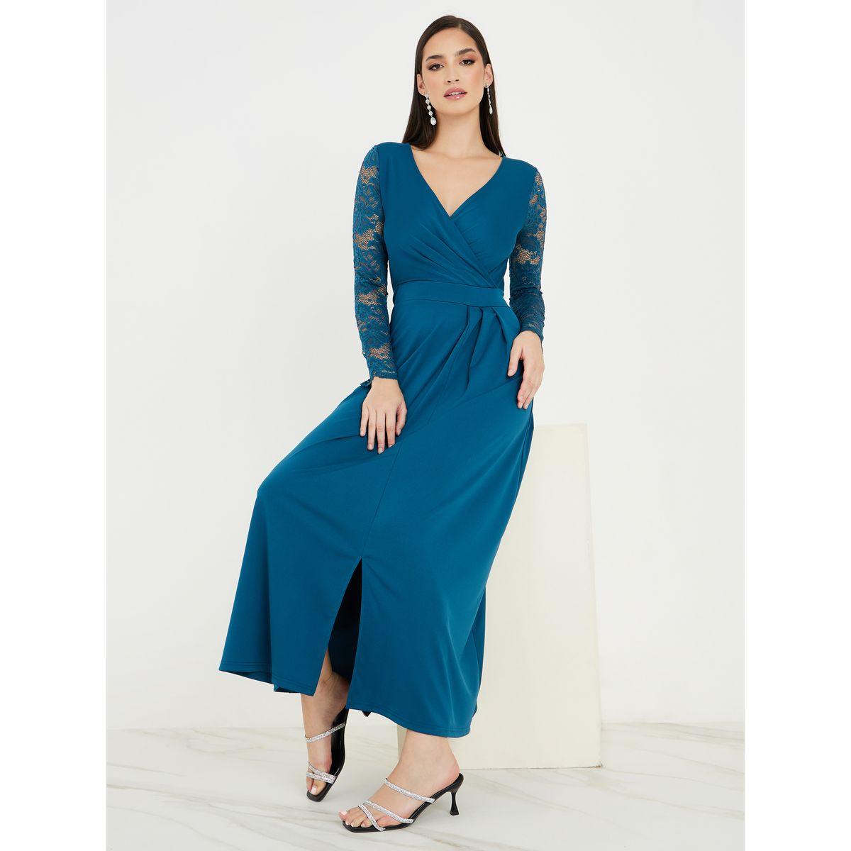 Styli Lace Insert A-Line Maxi Dress with Front Split-women-clothing-dresses-image-1