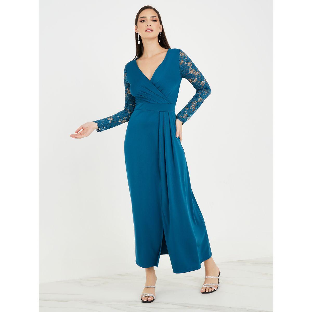 Styli Lace Insert A-Line Maxi Dress with Front Split-women-clothing-dresses-image-2