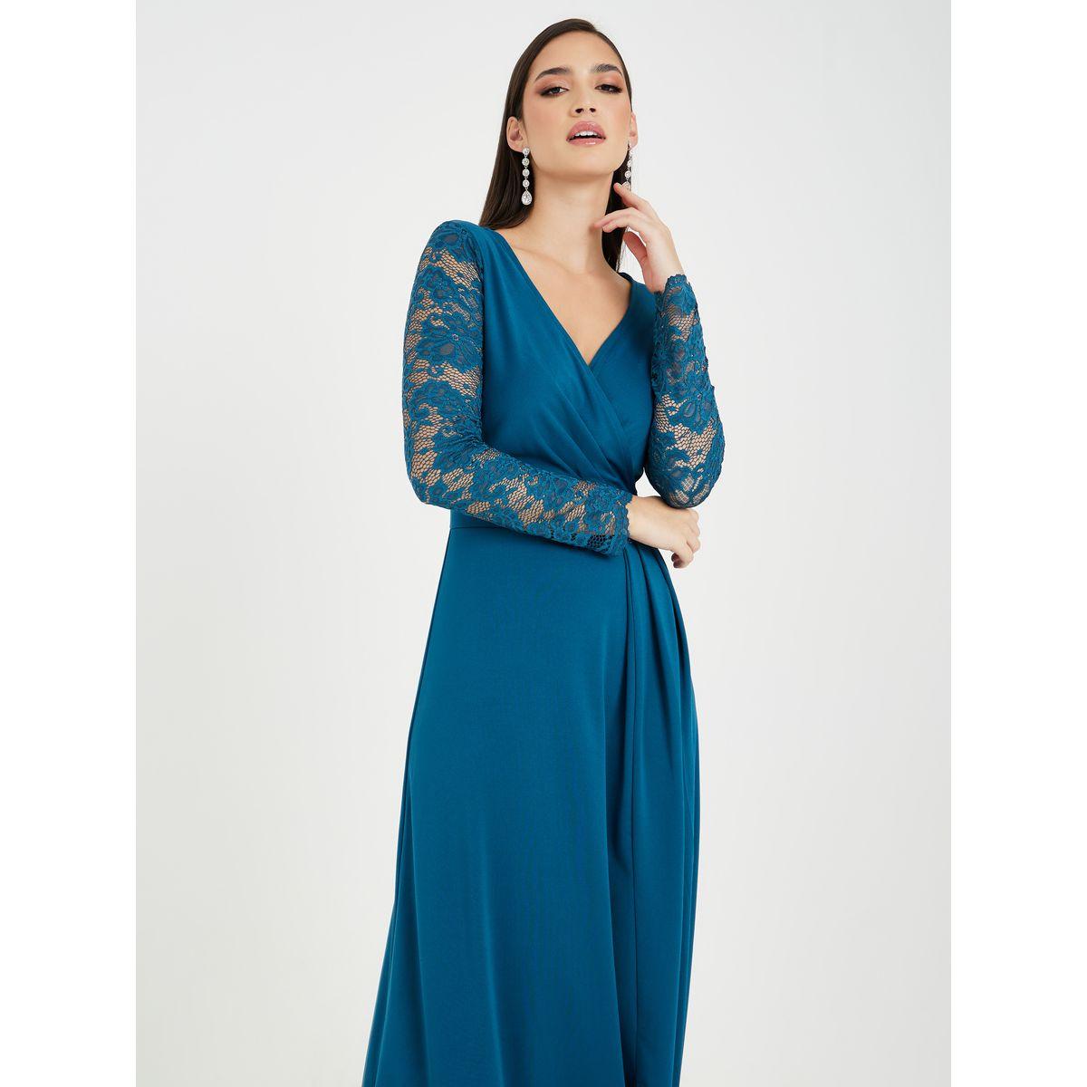 Styli Lace Insert A-Line Maxi Dress with Front Split-women-clothing-dresses-image-3