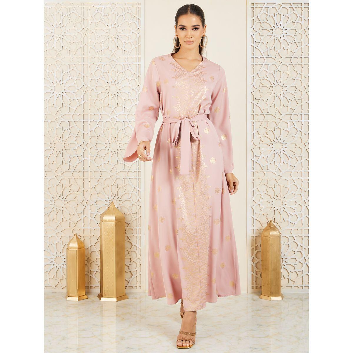 جلابية بطبعة فويل مع أربطة-women-arabicclothing-jalabiyas-image-1