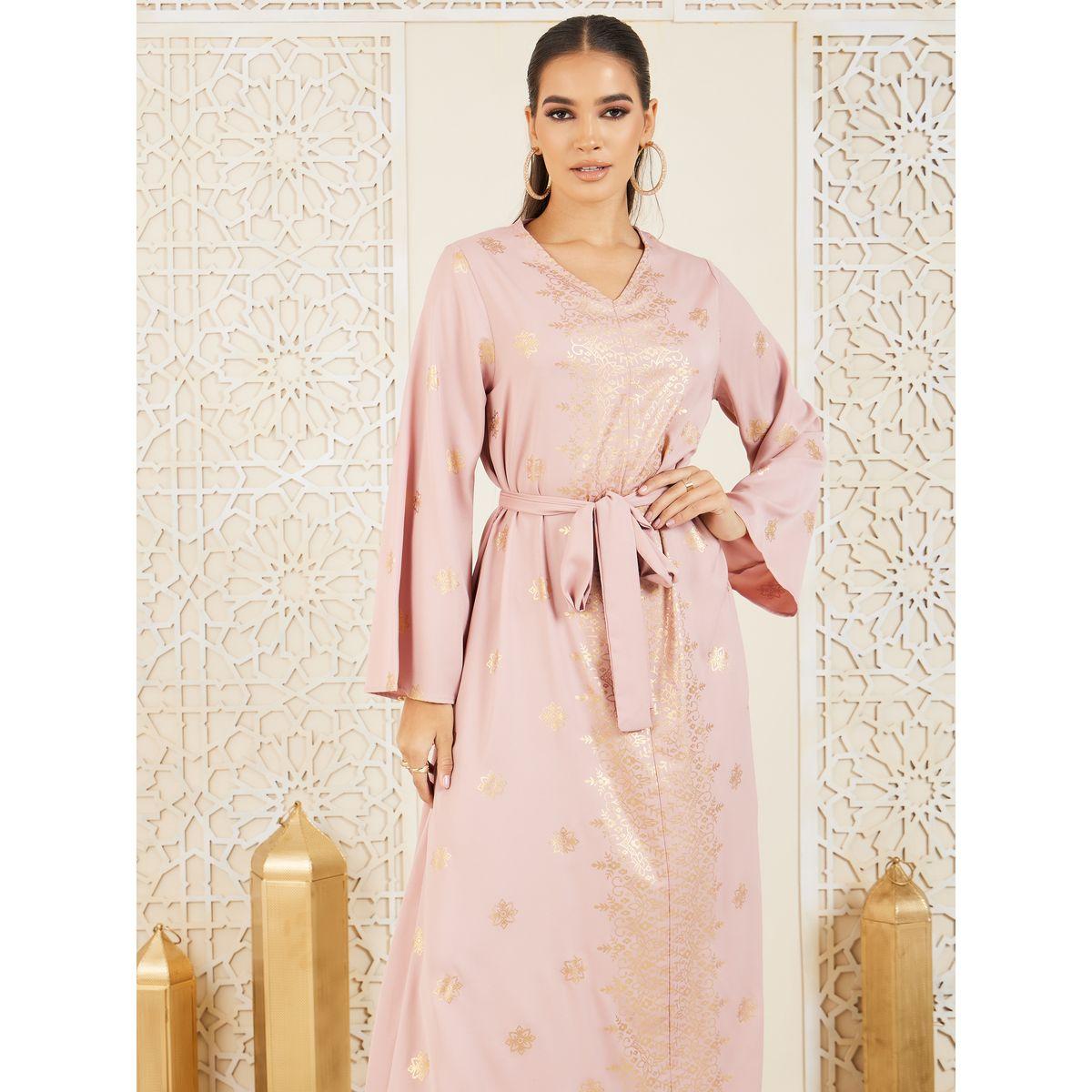 Styli Foil Print Self Tie Up Jalabiya-women-arabicclothing-jalabiyas-image-2