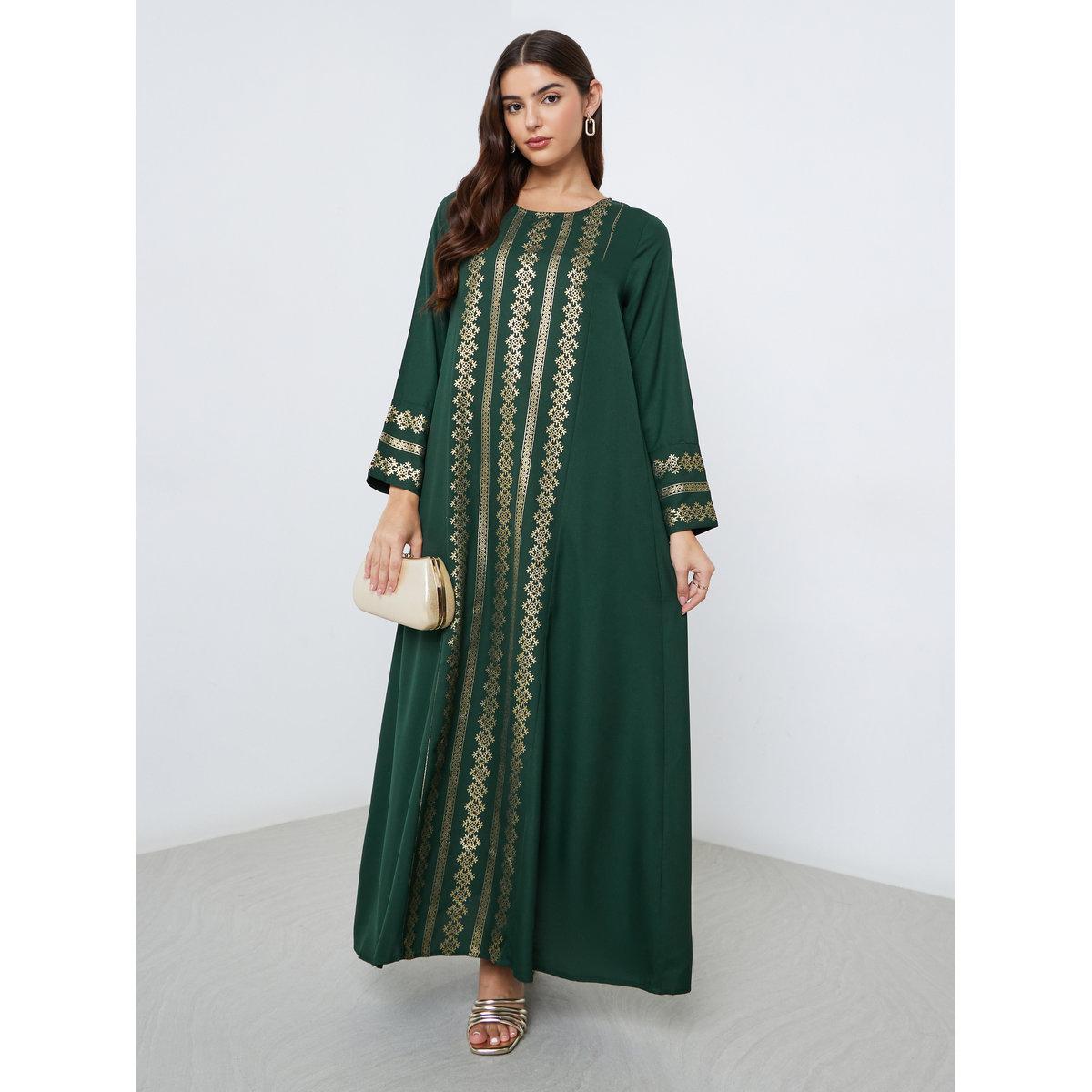 Styli Green Foil Print A-Line Maxi Jalabiya-women-arabicclothing-jalabiyas-image-1
