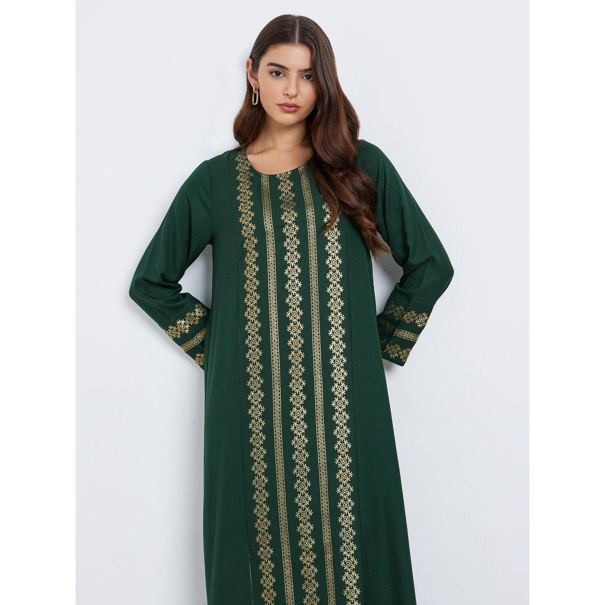 Styli Green Foil Print A-Line Maxi Jalabiya-women-arabicclothing-jalabiyas-image-2