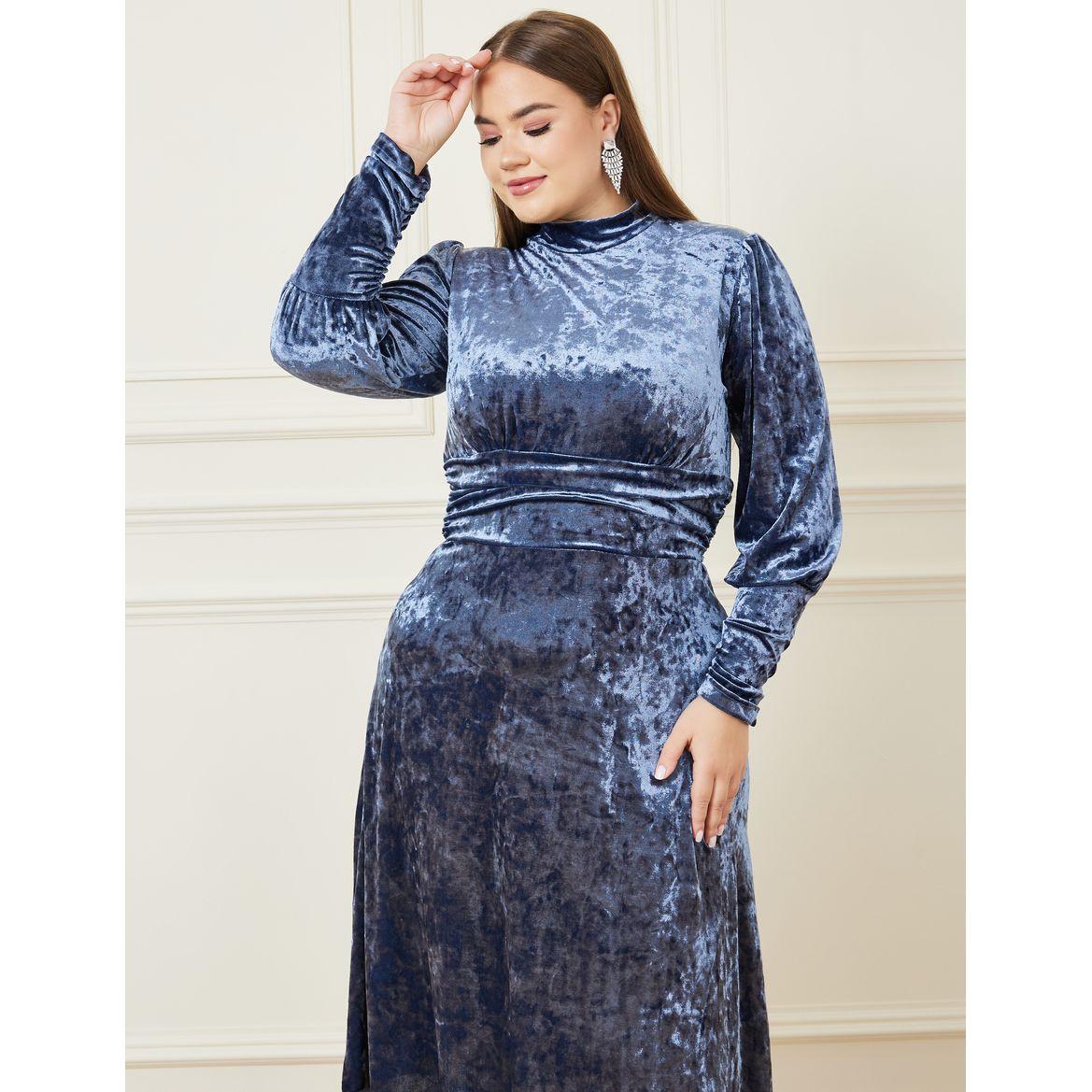 Styli Velvet Textured Long Sleeve Midi Dress-women-clothing-dresses-image-2
