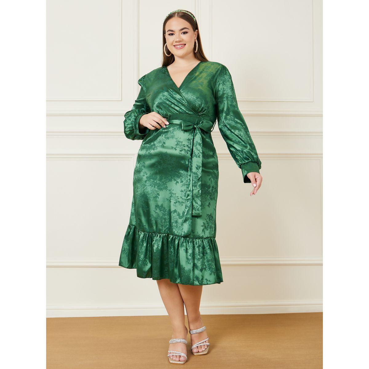 Styli Plus Jacquard Wrap Front Midi Dress with Ruffle Hem-women-clothing-dresses-image-1