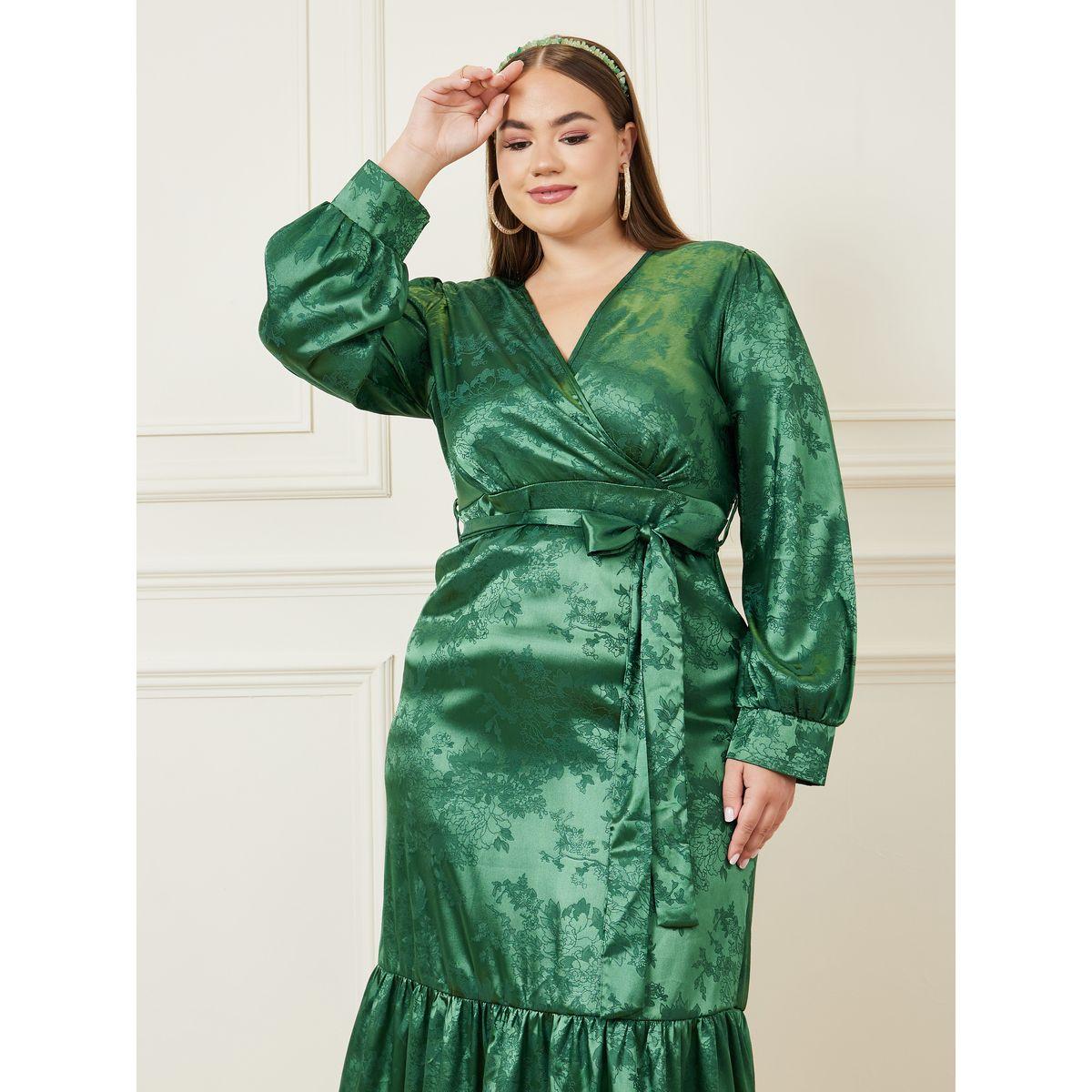 Styli Plus Jacquard Wrap Front Midi Dress with Ruffle Hem-women-clothing-dresses-image-2