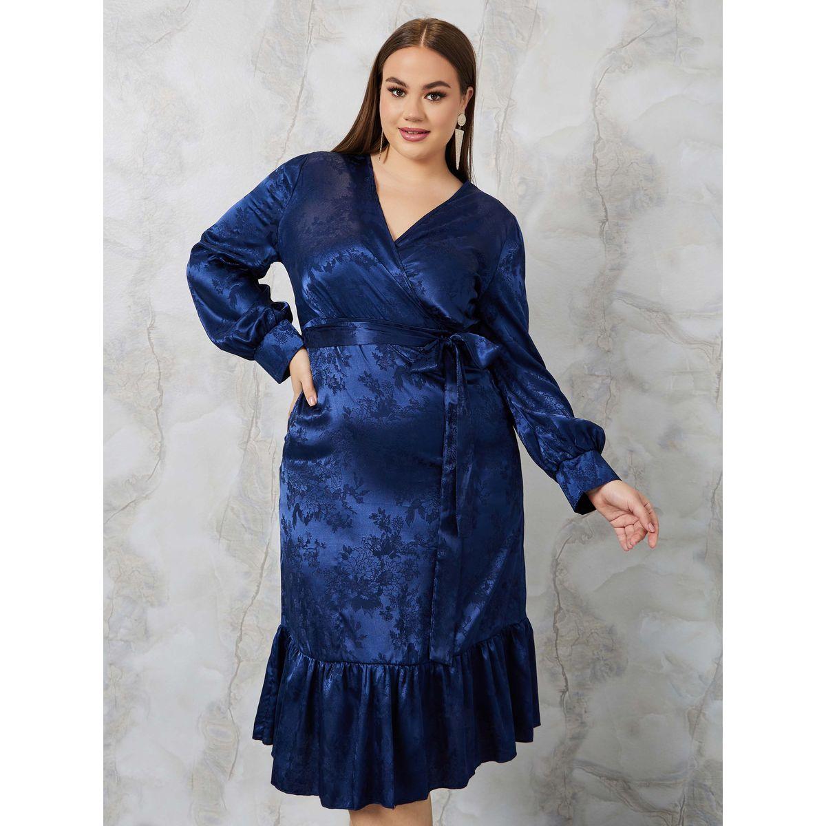 Styli Plus Jacquard Wrap Front Midi Dress with Ruffle Hem-women-clothing-dresses-image-1