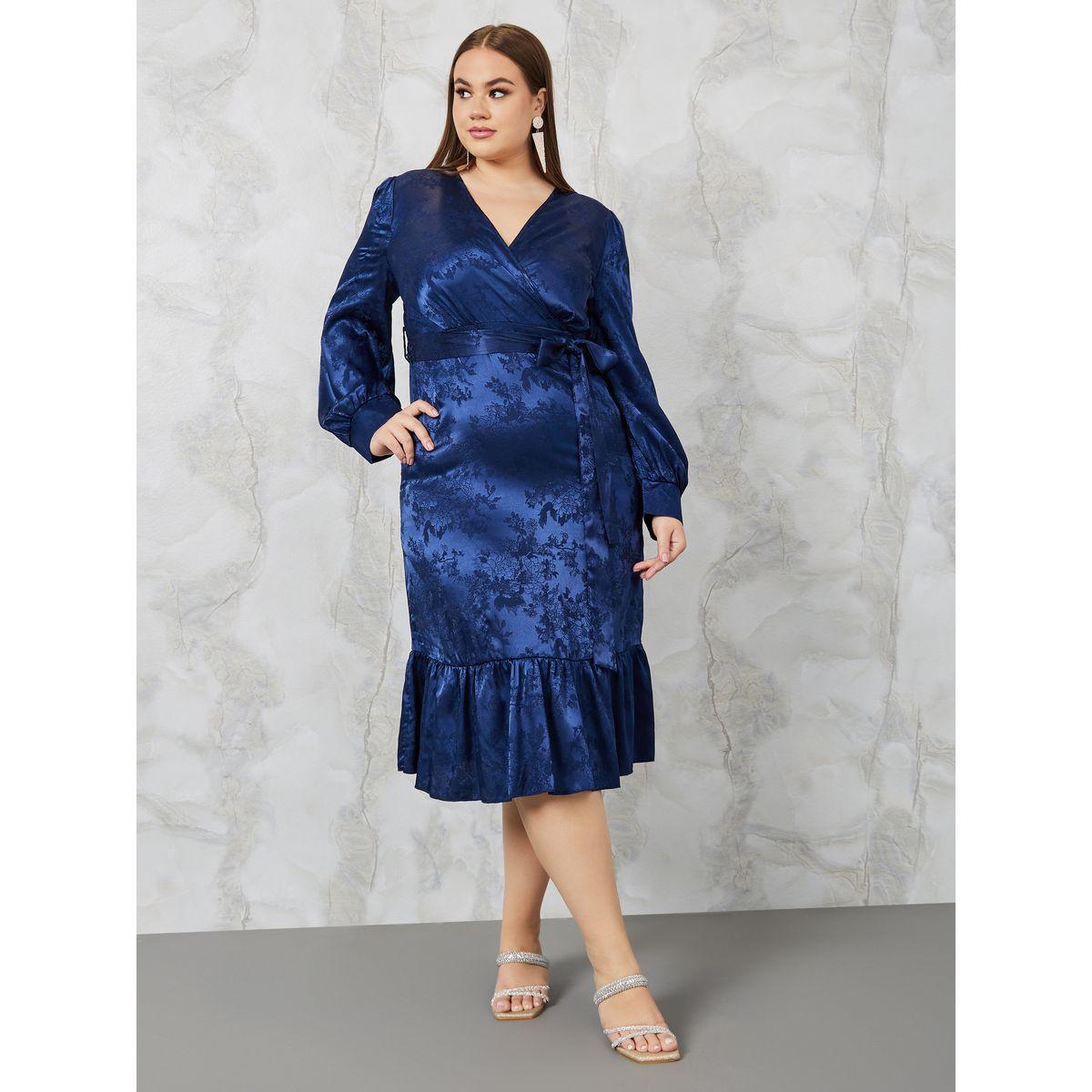 Styli Plus Jacquard Wrap Front Midi Dress with Ruffle Hem-women-clothing-dresses-image-2