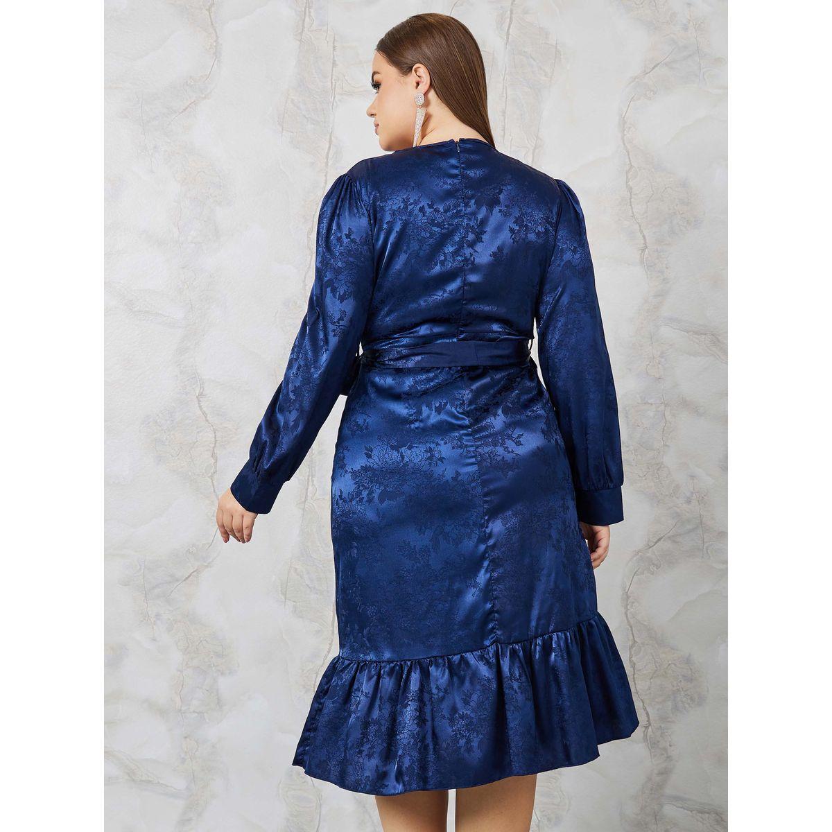 Styli Plus Jacquard Wrap Front Midi Dress with Ruffle Hem-women-clothing-dresses-image-4