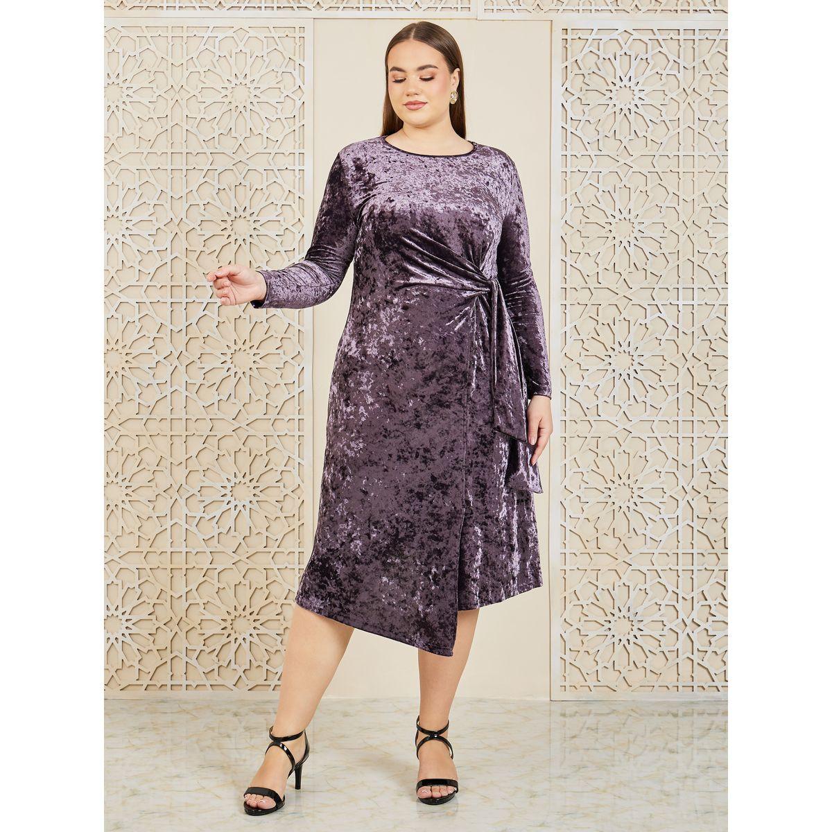 Styli Plus Textured Tie Up Detail Midi Dress-women-clothing-dresses-image-1