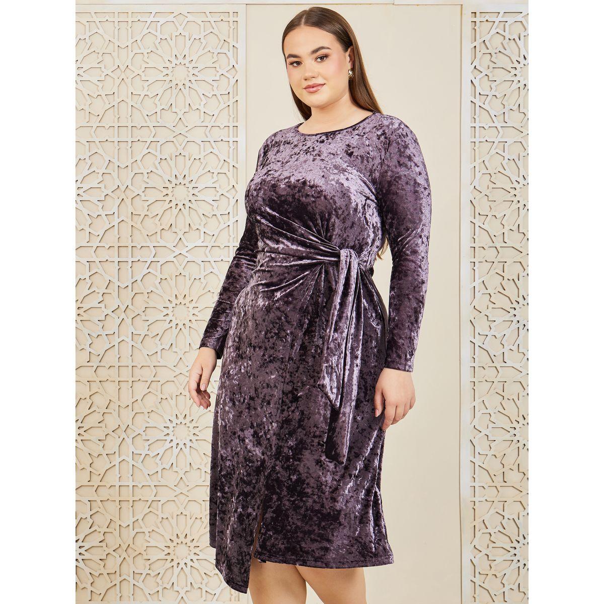 Styli Plus Textured Tie Up Detail Midi Dress-women-clothing-dresses-image-2