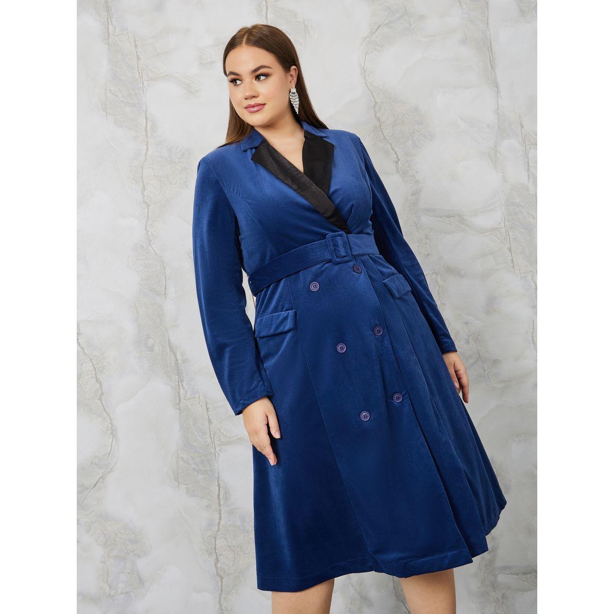 Styli Plus Contrast Collar Belted Blazer Midi Dress-women-clothing-dresses-image-2