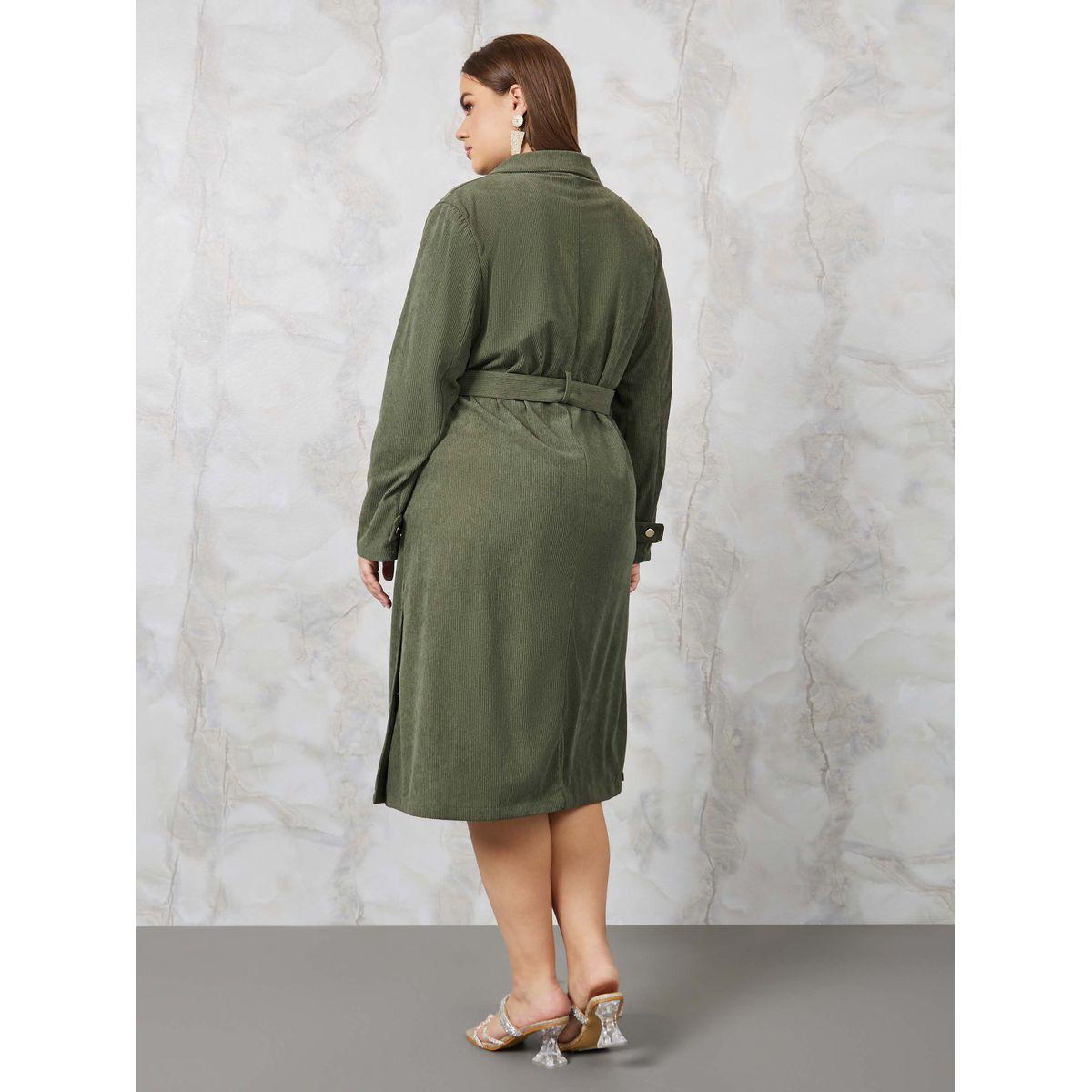 Styli Plus Belted Corduroy Midi Dress with Buttons-women-clothing-dresses-image-4