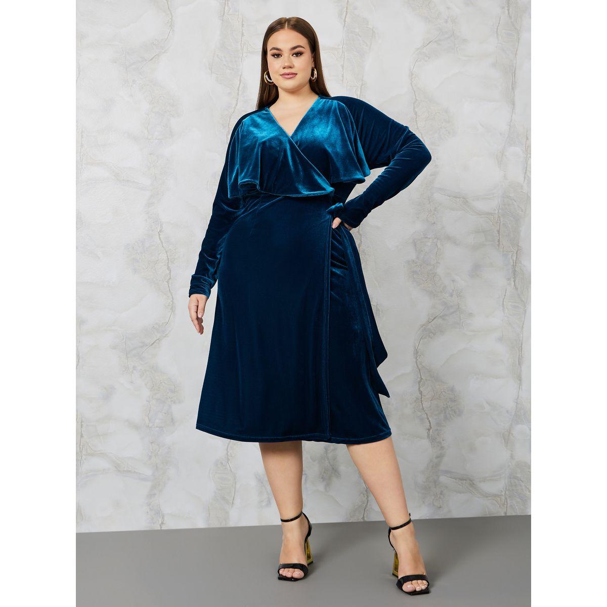 Styli Plus Velour Tie Front Wrap Midi Dress-women-clothing-dresses-image-1