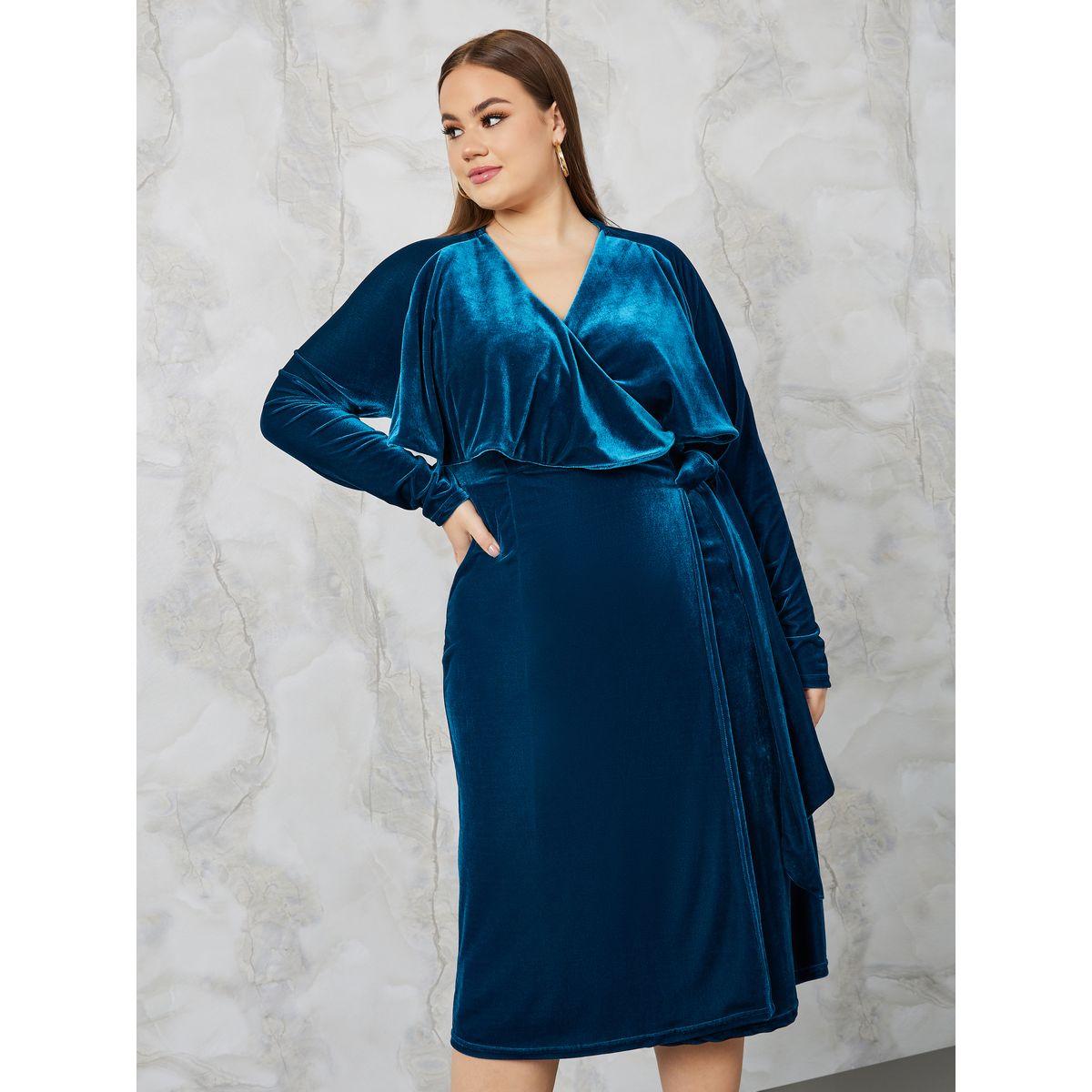 Styli Plus Velour Tie Front Wrap Midi Dress-women-clothing-dresses-image-2