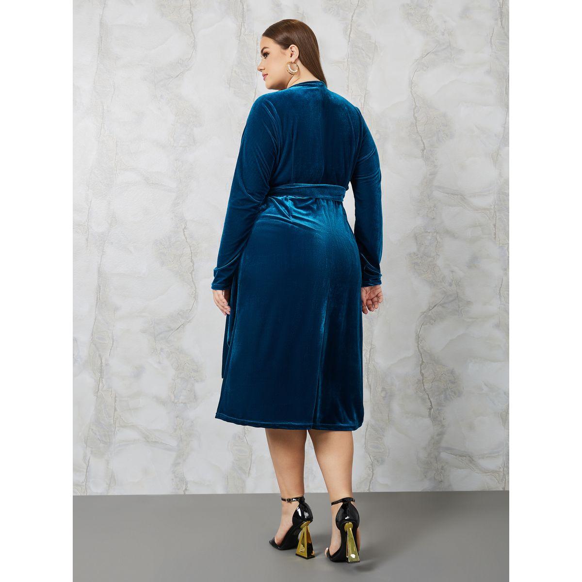 Styli Plus Velour Tie Front Wrap Midi Dress-women-clothing-dresses-image-4