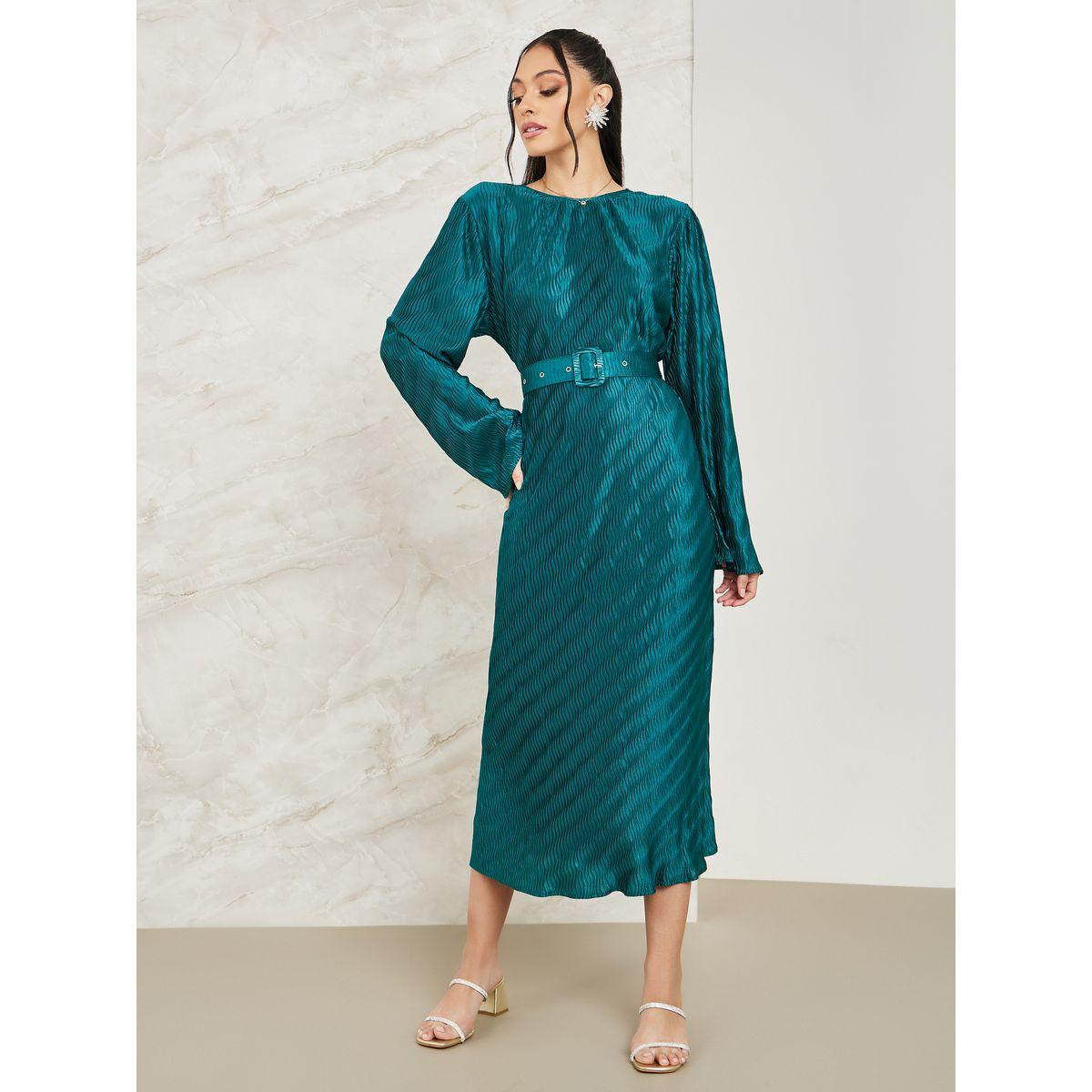 Styli Flare Sleeve Belted Plisse A-Line Midi Dress-women-clothing-dresses-image-1