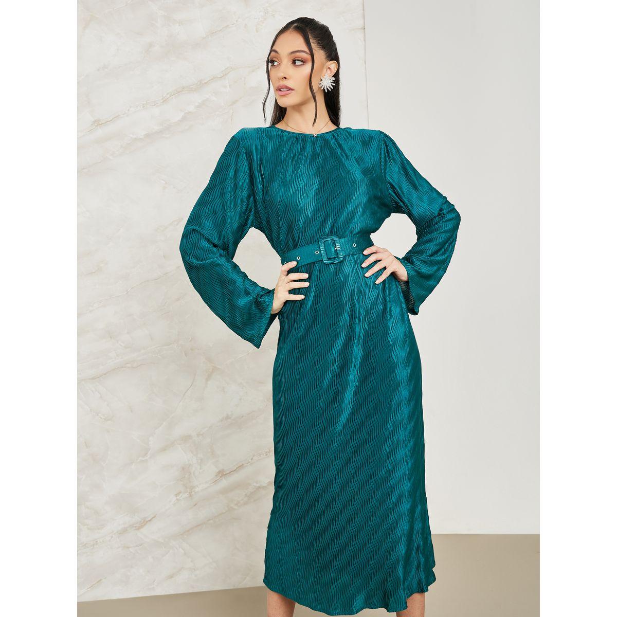 فستان بليسيه ميدي مع رباط خصر-women-clothing-dresses-image-2