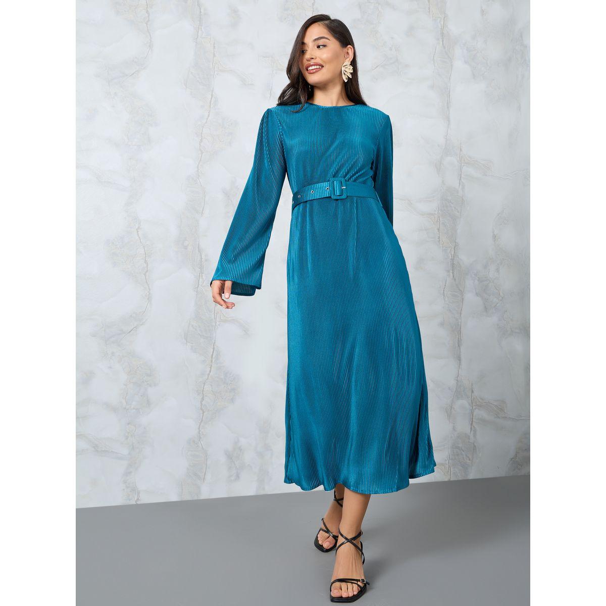 Styli Flare Sleeve Belted Plisse A-Line Midi Dress-women-clothing-dresses-image-1