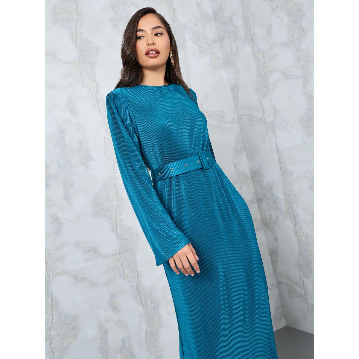 Styli Flare Sleeve Belted Plisse A-Line Midi Dress-women-clothing-dresses-image-2