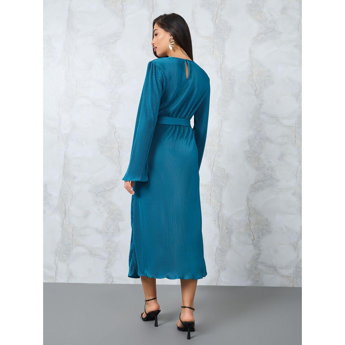 Styli Flare Sleeve Belted Plisse A-Line Midi Dress-women-clothing-dresses-image-4