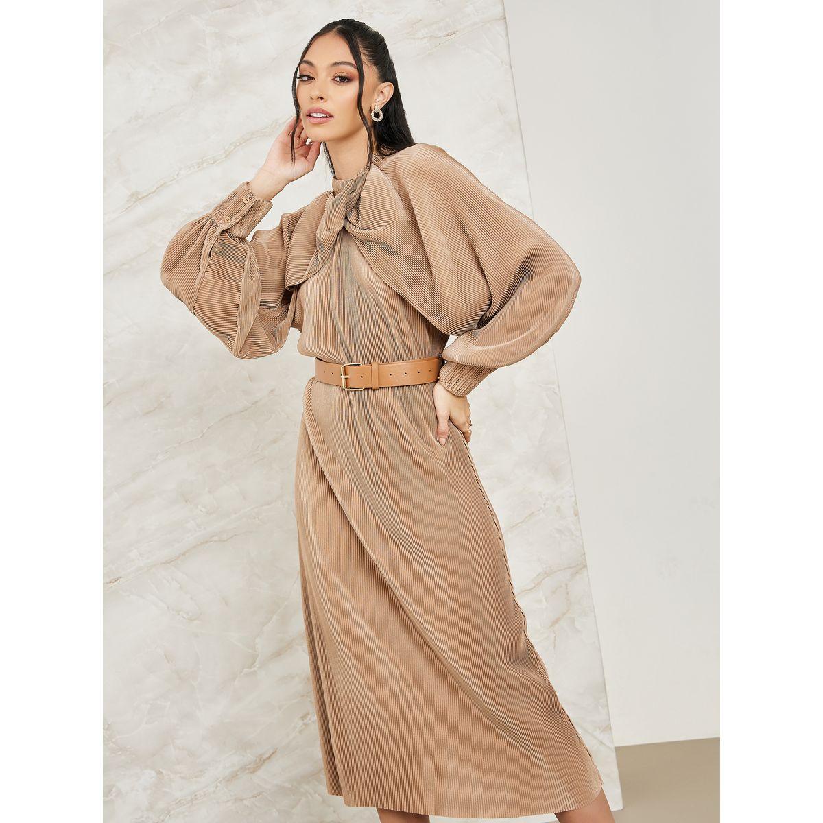 فستان بليسيه ميدي بأكمام كيب-women-clothing-dresses-image-2