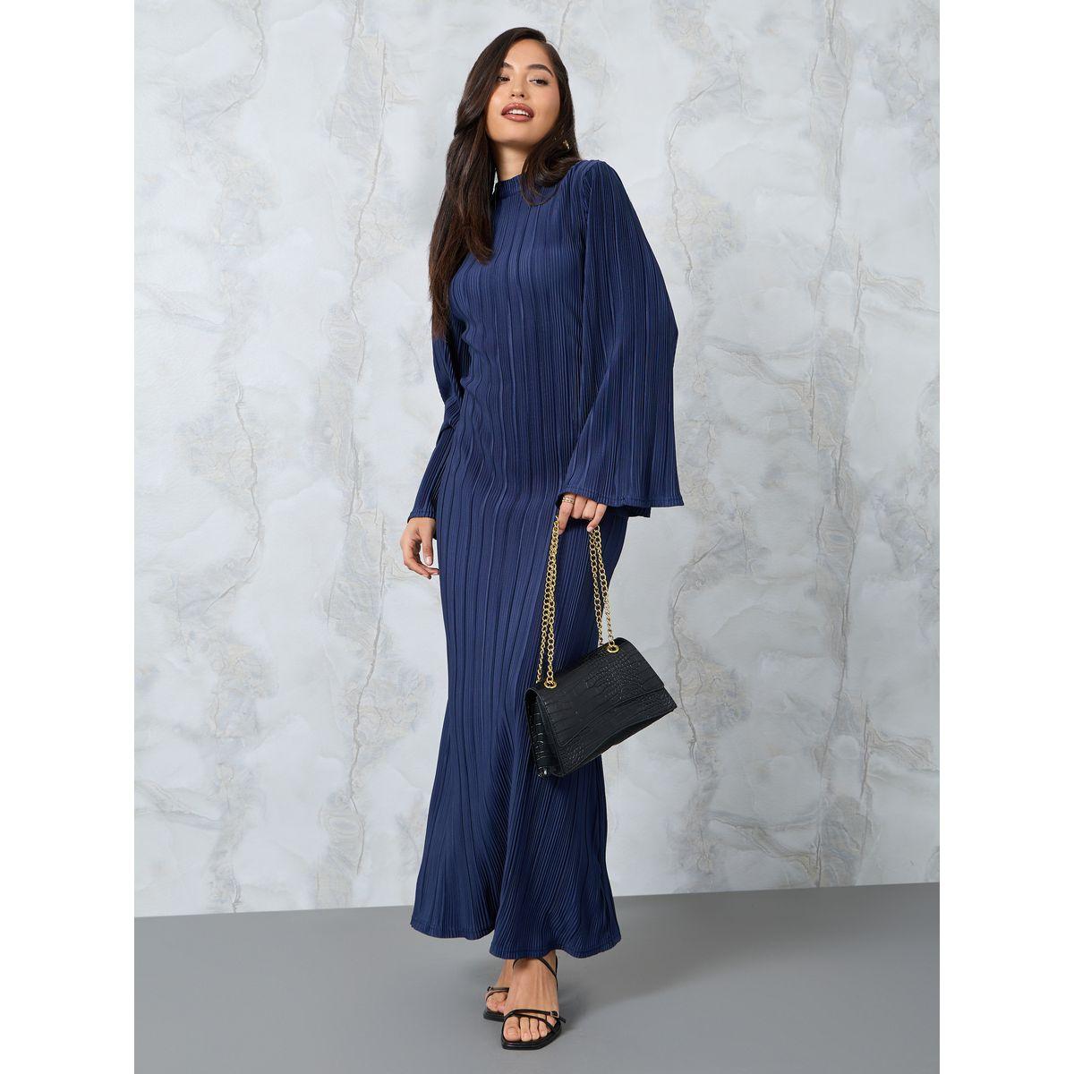 Styli Plisse High Neck Sheath Maxi Dress-women-clothing-dresses-image-1