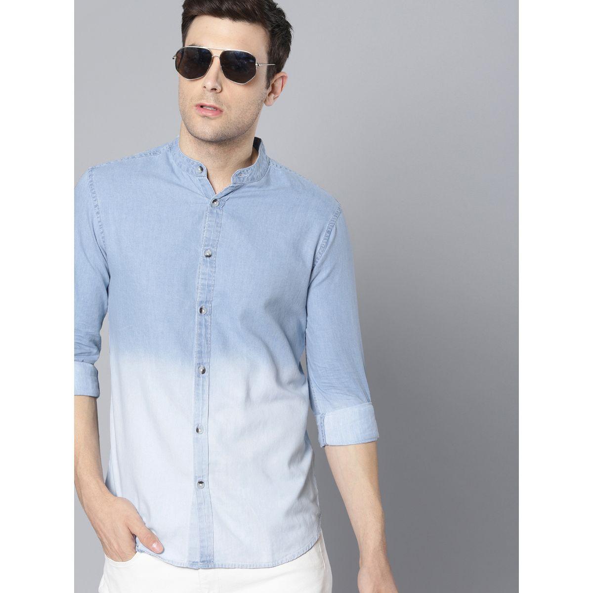 Dennis Lingo Gradient Cotton Denim Casual Shirt with Mandarin Collar-men-clothing-shirts-image-4