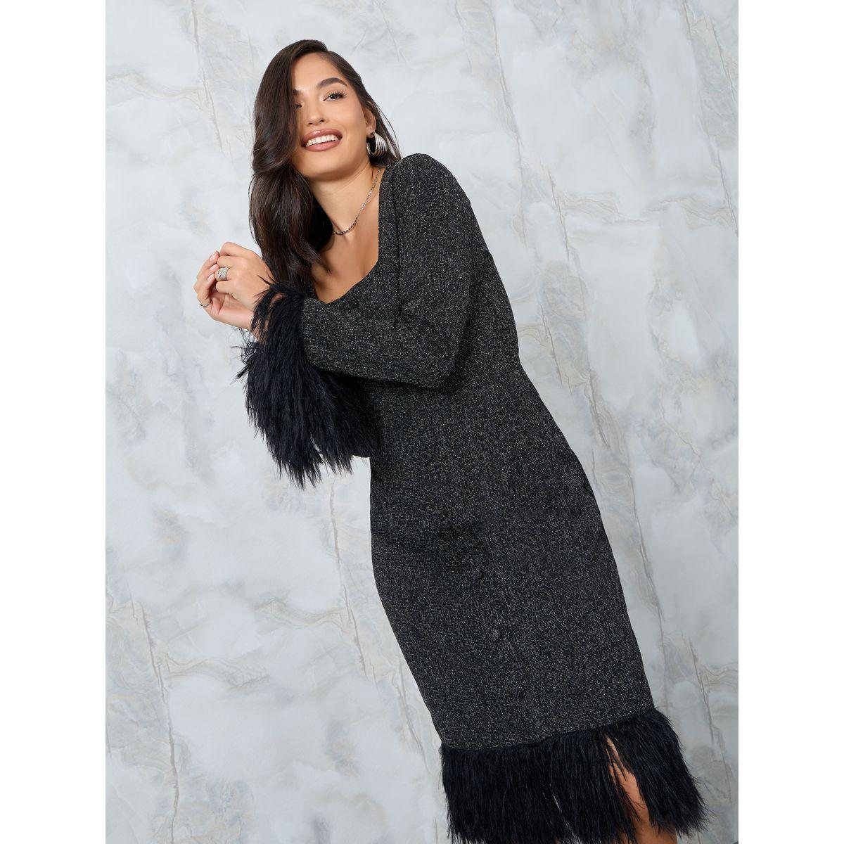 فستان تويد ميدي بياقة واسعة-women-clothing-dresses-image-1