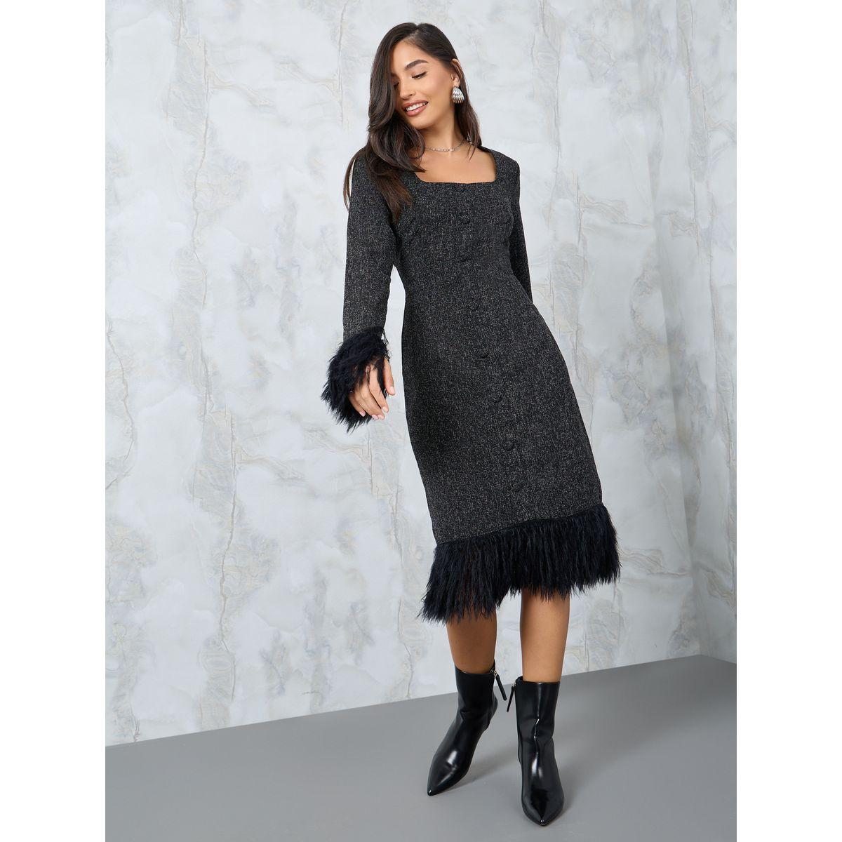 Styli Square Neck Fuzzy Cuff Sleeve Tweed Midi Dress-women-clothing-dresses-image-2